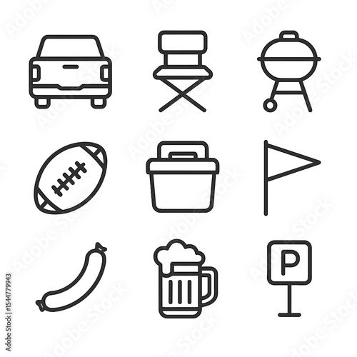 Tailgate Icon Set. Outline icon set of tailgate barbecue: pickup truck tailgate, folding chair, portable grill, football, cooler,