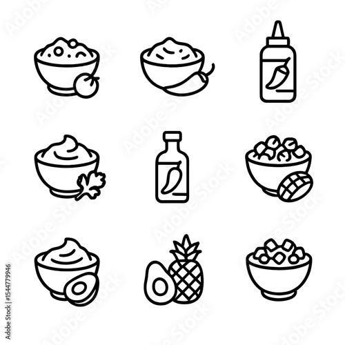 Taco Sauce Icons. Outline icon set of taco sauce varieties: salsa roja, salsa verde, chipotle aioli, creamy cilantro, habanero hot