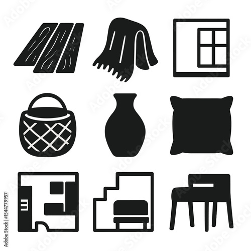 Scandinavian Decor Icons. Solid, filled icons set of Scandinavian interior style: wood floor, cozy blanket,