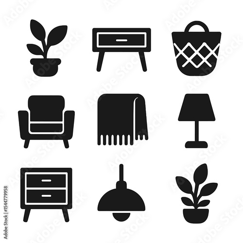 Scandinavian Home Décor Icons. Solid, filled icons set of Scandinavian home décor: potted plant, minimalist