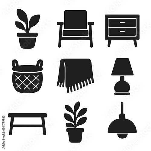Scandinavian Home Décor Icons. Solid, filled icons set of Scandinavian home décor: potted plant, minimalist