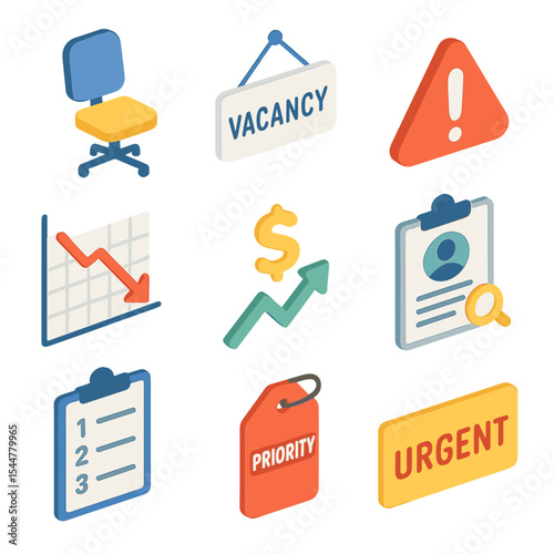 Talent Shortage Icons. Isometric Flat icon set of talent shortage indicators: empty chair, vacancy sign, exclamation marker,