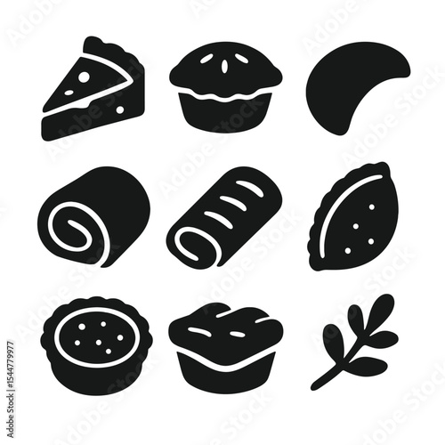 Savory Pastry Icons. Solid, filled icons set of savory pastry types: quiche slice, meat pie, cheese puff,