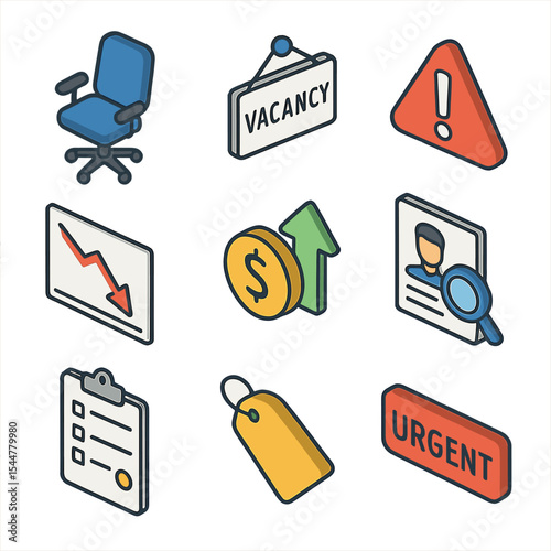 Talent Shortage Icons. Isometric Flat icon set of talent shortage indicators: empty chair, vacancy sign, exclamation marker,
