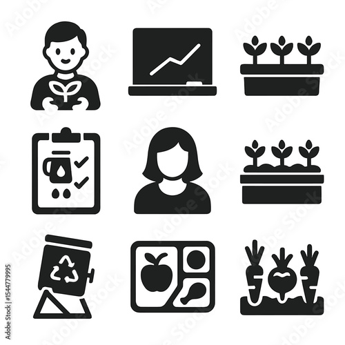 School Garden Icons. Solid, filled icons set of school garden programs: student with plant, chalkboard, garden