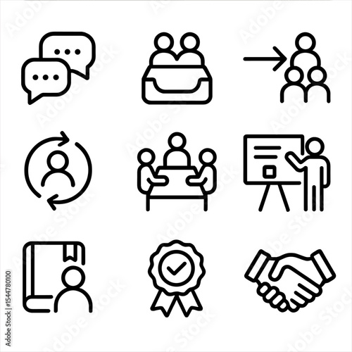 Team Collaboration Icons. Outline icon set of team collaboration in service: group chat bubbles, shared inbox, assignment arrow,