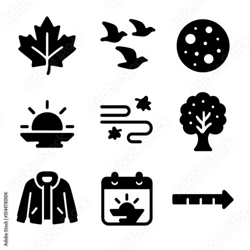 Seasonal Change Icons. Solid, filled icons set of seasonal change cues: fall leaf, migrating birds, harvest