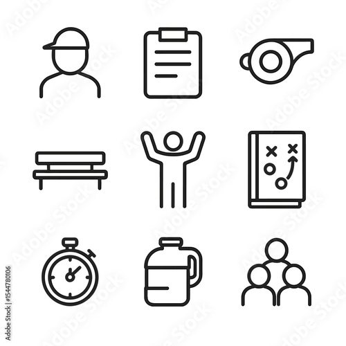 Team Timeout Icons. Outline icon set of timeout team regroup: coach silhouette, clipboard, whistle, bench, timeout signal,
