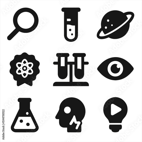 Science Icons Grid. Solid, filled icons set of science and discovery play: magnifying glass, test tube, planet