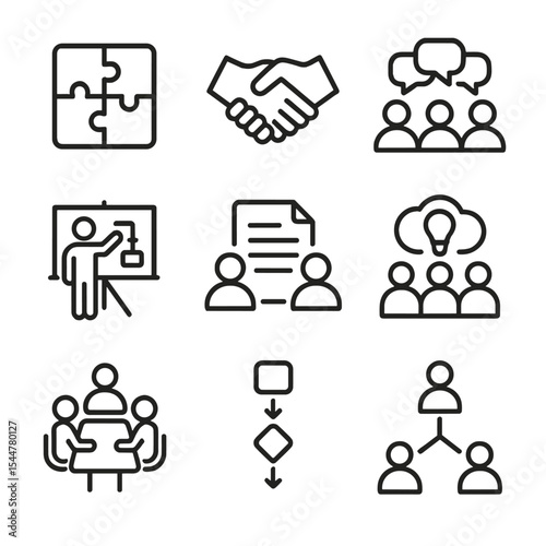 Teamwork Icon Set. Outline icon set of teamwork collaboration: puzzle pieces, handshake, group chat, whiteboard, shared document,