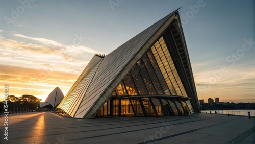 Modern architectural structure bathed in golden sunset light.