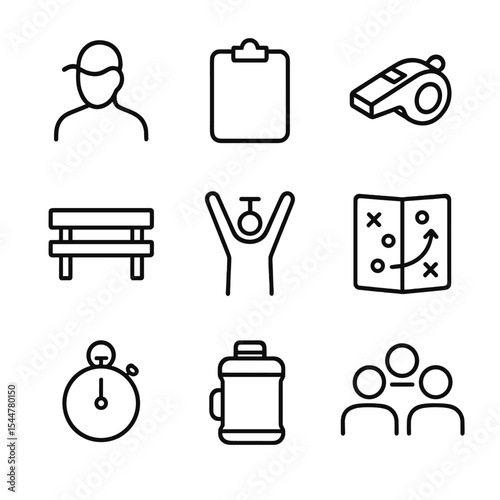 Team Timeout Icons. Outline icon set of timeout team regroup: coach silhouette, clipboard, whistle, bench, timeout signal,