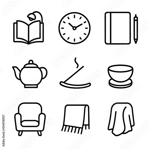 Tech-Free Icon Set. Outline icon set of tech-free wind-down: book light, analog clock, paper journal, pencil, tea pot, incense