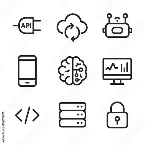 Tech Integration Icons. Outline icon set of tech integration: API plug, cloud sync, IoT device, mobile app, AI brain, data