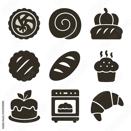 Seasonal Baking Icons. Solid, filled icons set of seasonal baking: apple tart, cinnamon bun, pumpkin bread,