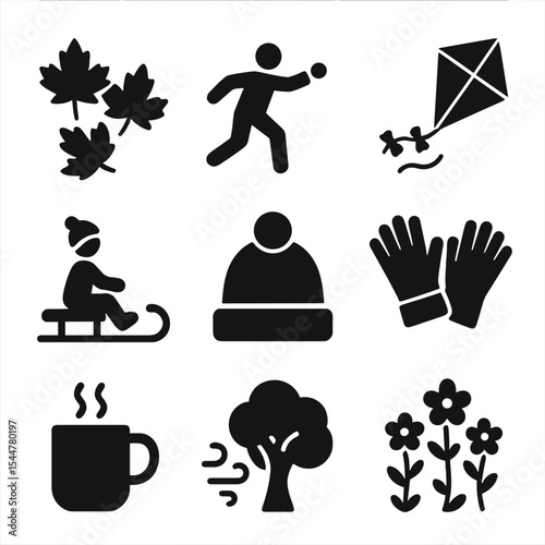 Seasonal Family Fun Icons. Solid, filled icons set of seasonal outdoor family fun: autumn leaves, snowball
