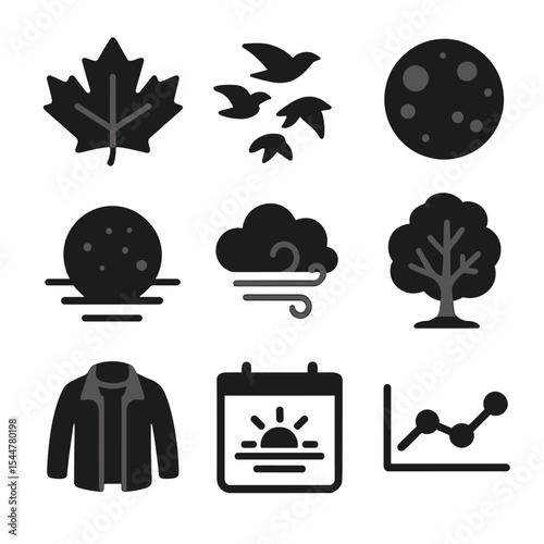 Seasonal Change Icons. Solid, filled icons set of seasonal change cues: fall leaf, migrating birds, harvest