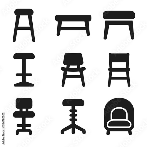 Seating Icon Grid. Solid, filled icons set of seating and stools: bar stool, low bench, cushioned seat, swivel