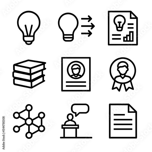 Thought Leadership Icons. Outline icon set of thought leadership: light bulb, idea flow, book stack, research report, op-ed page,