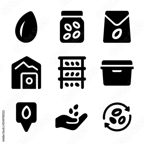 Seed Preservation Icons. Solid, filled icons set of seed preservation techniques: seed icon, glass jar, paper