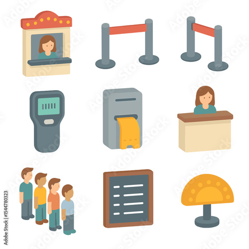 Ticket Booth Icons. Isometric Flat icon set of Ticket Booth and Queue: ticket kiosk window, queue barrier rail, stanchion belt,