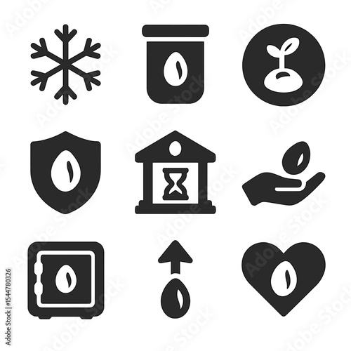 Seed Longevity Icons. Solid, filled icons set of seed longevity and protection: cold icon, dry storage,