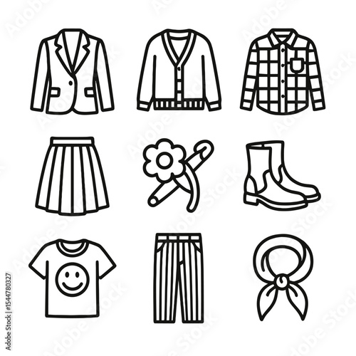 Thrift Store Icons. Outline icon set of thrift store finds: vintage blazer, cardigan, flannel shirt, pleated skirt, brooch,