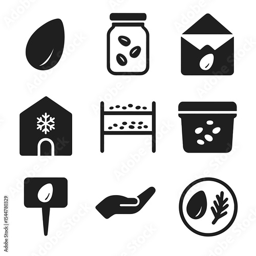 Seed Preservation Icons. Solid, filled icons set of seed preservation techniques: seed icon, glass jar, paper
