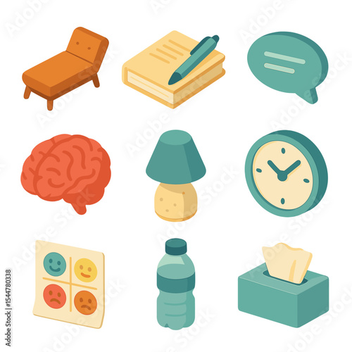 Therapy Tools Icons. Isometric Flat icon set of counseling and therapy tools: therapist couch, notebook and pen, brain icon,