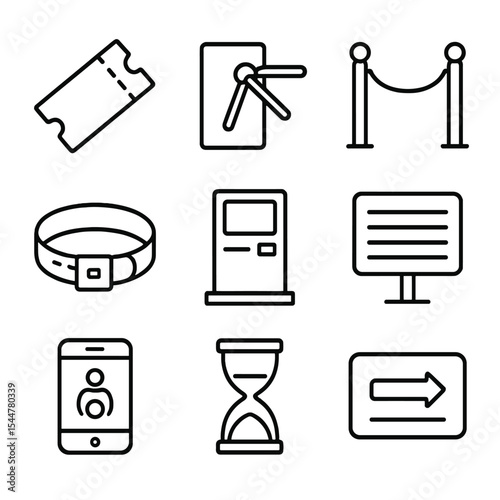 Ticketing Icon Set. Outline icon set of ticketing and queuing: ticket stub, turnstile gate, queue rope, wristband, ticket kiosk,