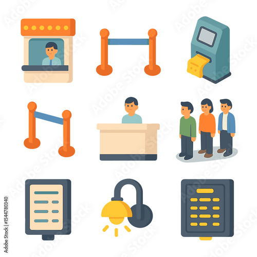 Ticket Booth Icons. Isometric Flat icon set of Ticket Booth and Queue: ticket kiosk window, queue barrier rail, stanchion belt,