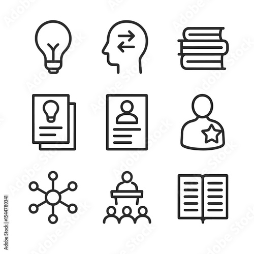 Thought Leadership Icons. Outline icon set of thought leadership: light bulb, idea flow, book stack, research report, op-ed page,