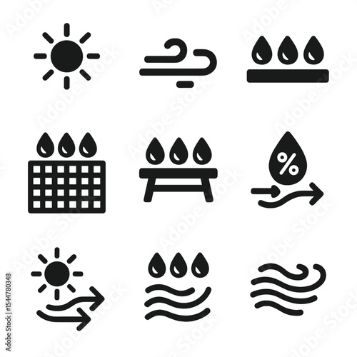 Seed Drying Icons. Solid, filled icons set of drying and curing seeds: sun icon, gentle breeze, drying mat,