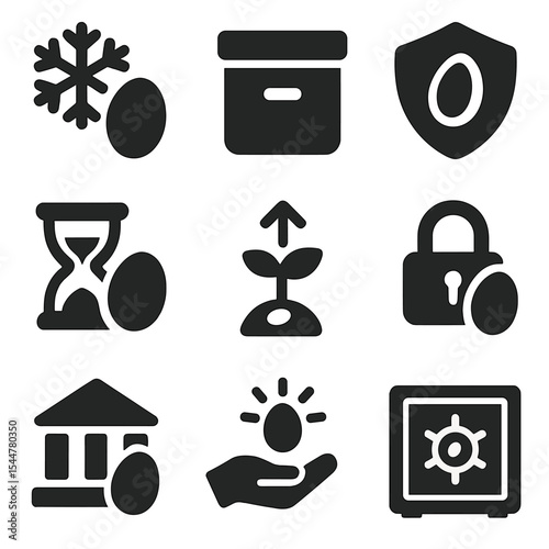 Seed Longevity Icons. Solid, filled icons set of seed longevity and protection: cold icon, dry storage,