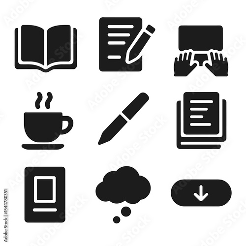 Self-Improvement Book Icons. Solid, filled icons set of writing a self-improvement book: open book, outline