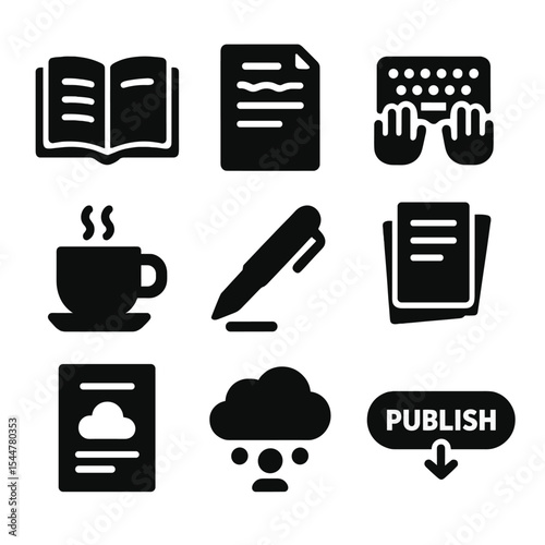 Self-Improvement Book Icons. Solid, filled icons set of writing a self-improvement book: open book, outline