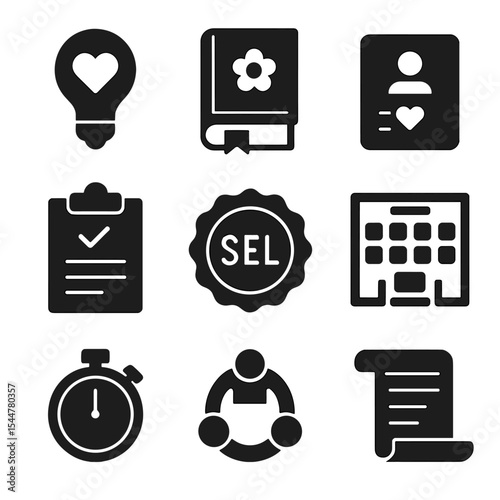 SEL Lesson Planning Icons. Solid, filled icons set of SEL-aligned lesson planning: lightbulb with heart,