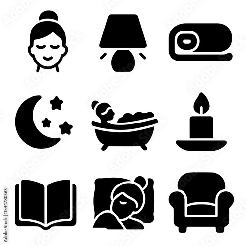 Self-Care Leadership Icons. Solid, filled icons set of self-care in leadership: gentle routine, cozy glow,