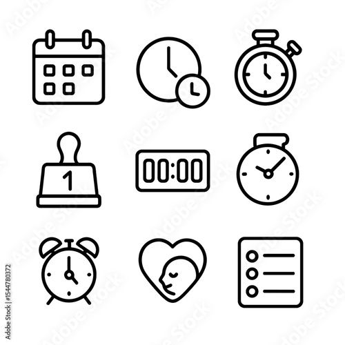 Time and Care Icons. Outline line icons set of time tracking in isolation: calendar, clock face, hourglass, stopwatch, date stamp,