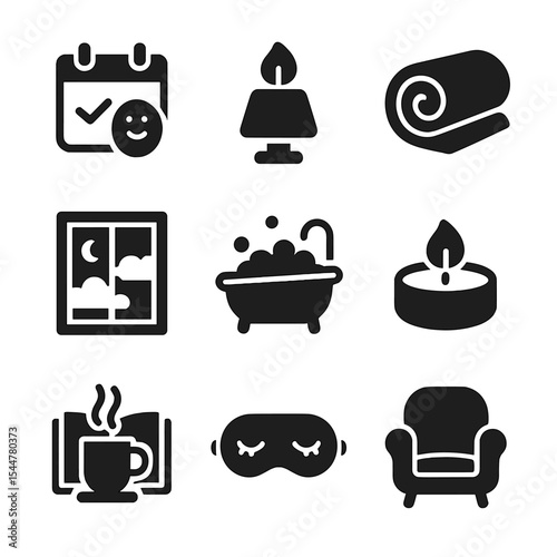 Self-Care Leadership Icons. Solid, filled icons set of self-care in leadership: gentle routine, cozy glow,