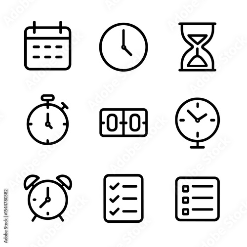 Time and Care Icons. Outline line icons set of time tracking in isolation: calendar, clock face, hourglass, stopwatch, date stamp,