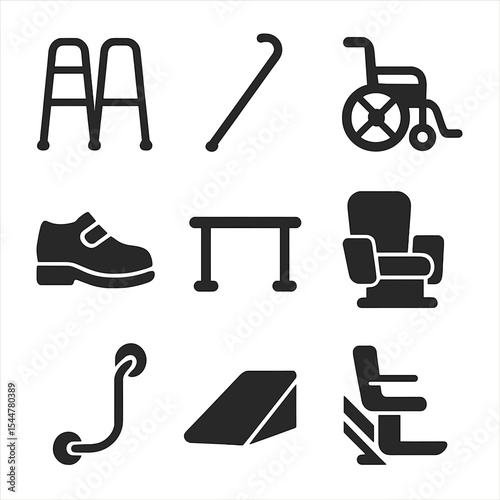 Senior Mobility Aids Icons. Solid, filled icons set of senior mobility aids: walker, walking stick, wheelchair