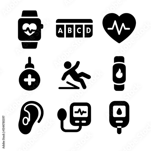 Senior Care Tech Icons. Solid, filled icons set of senior care technology: smartwatch, pill organizer, heart