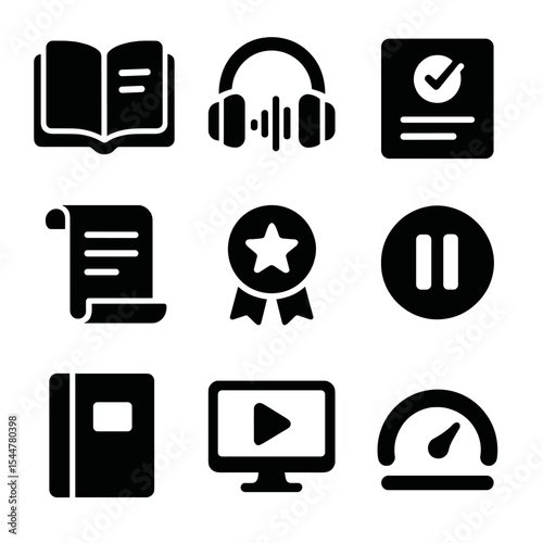 Self-Paced Learning Icons. Solid, filled icons set of self-paced learning formats: ebook icon, audio guide,