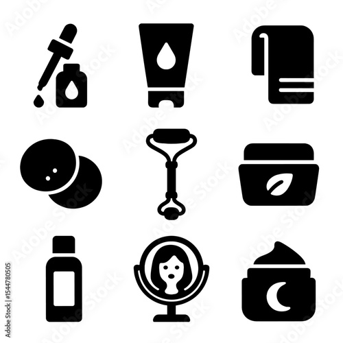 Skincare Icons Set. Solid, filled icons set of skincare at the vanity: serum dropper, cleanser tube, face