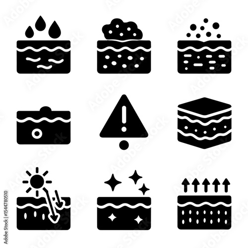 Skin Health Icons. Solid, filled icons set of skin health comparison: hydrated skin, eczema patch, psoriasis icon, mole icon, melanoma warning, skin layers, UV damage, healthy glow icon, skin barrier.