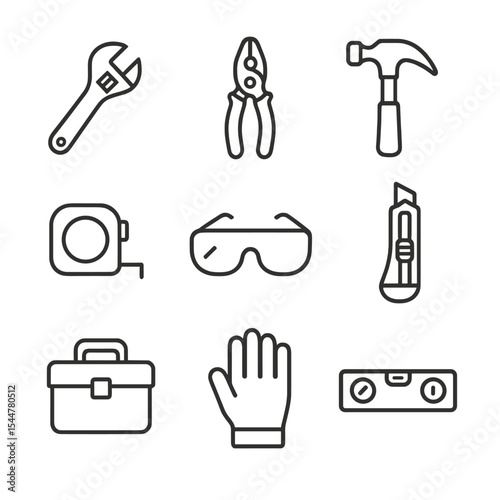 Tool Kit Icons. Outline icon set of toolkit essentials: adjustable wrench, pliers, hammer, tape measure, utility knife, safety