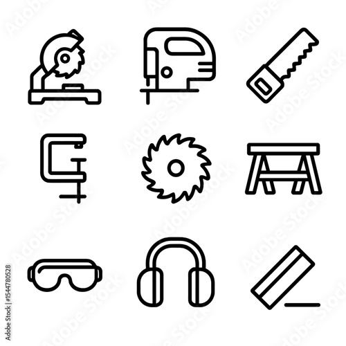 Tool Icon Set. Outline icon set of board cutting and trimming: mitre saw, jigsaw, handsaw, clamp, saw blade, workbench, protective