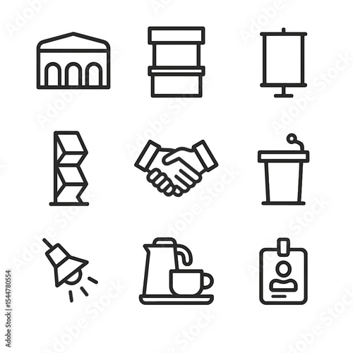 Trade Show Icons. Outline icon set of trade shows and exhibitions: exhibition hall, booth stand, banner display, attendee badge,