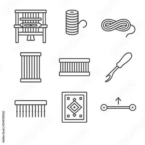 Traditional Rug Weaving Icons. Outline icon set of traditional rug weaving: floor loom, warp thread, weft yarn, heddle, reed, knot